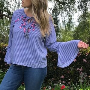 Blue & White Embroidered Bell Sleeve Blouse